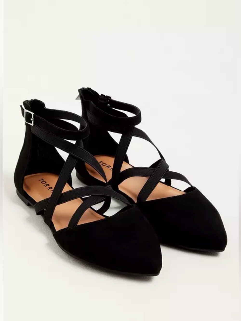 Torrid 12WW Black Faux Suede Crisscross Ankle Wrap Pointed Toe Flats Extra Wide